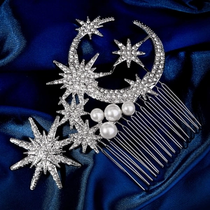 Silver star and moon bridal hair comb with rhinestones and pearls on blue silk