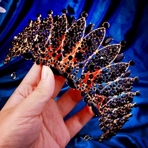 Luxurious Gothic gold crown with black crystals and baroque rhinestones for weddings