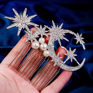 Sparkling star and moon hair comb with rhinestones and pearls for bridal wedding styles