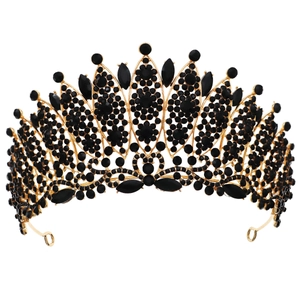 Luxurious gold Baroque crown with black rhinestones for pageant and party events