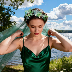 Forest style bridal green floral headband with sheer mesh veil for wedding photography