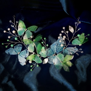Elegant bridal floral headband with dark blue and emerald butterflies and pearls decoration