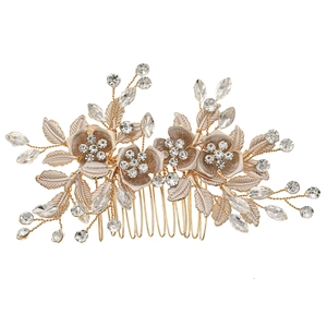 Handmade bridal hair comb with gold leaves and frosted flowers for wedding hairstyles