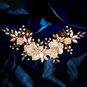 Handmade Bridal Hair Comb Set With White Acrylic Flower Rose Gold Alloy Metal Beaded Artificial Pearl Rhinestone Wedding Hair Accessories