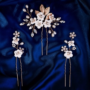 Épingle à Cheveux de Mariée Et Fourches à Cheveux en U Avec Fleur en Pâte Polymère Blanche Künstliche Perle Strass Alliage d'Or