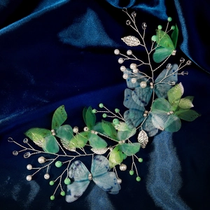 Detail of handmade silver wire hair vine with green silk butterflies and pearls
