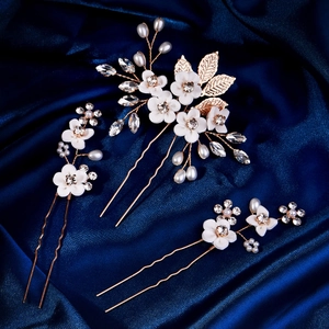 Lot de 3 épingles à cheveux de mariée avec fleurs blanches, perles et cristaux dorés