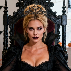 Detailed view of Gothic bat crown with black crystals and intricate lace textures