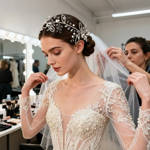 Close-up of bridal headpiece with white pearls, sparkling crystals on lace veil