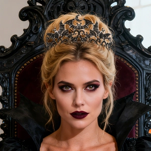 Close-up of gothic black bat tiara with moon element and rhinestones for Halloween