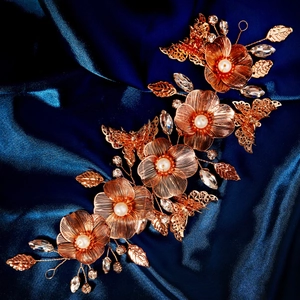Luxury rose gold bridal hairband with crystal flowers and butterflies on blue satin