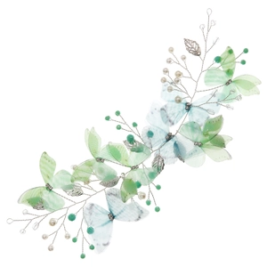 Elegant bridal hair vine with light blue tulle butterflies and pearls for weddings