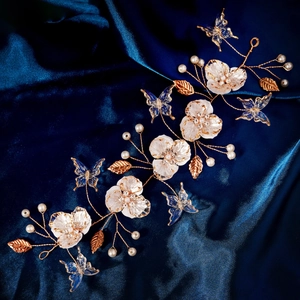 Bridal Hair Vine Gold Alloy Resin Flower Blue Butterfly Imitation Artificial Pearl Rhinestone Headpiece Wedding Accessories For Women