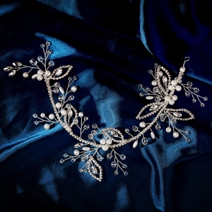 Handmade silver bridal hair vine with pearls and sparkling rhinestones for wedding