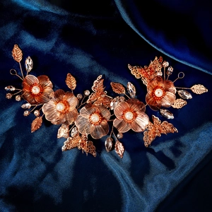 Luxury gold flower and butterfly bridal headband with pearls and crystals on blue silk