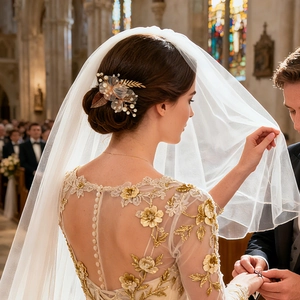 Barrette de mariée détaillée avec fleurs dorées et perles sur un chignon bas élégant et chic