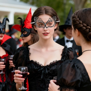 Detail of elegant black masquerade wing mask with rhinestones worn at a festive party