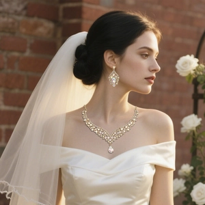 Detailed close-up of luxurious bridal jewelry set featuring V-shaped necklace and drop earrings