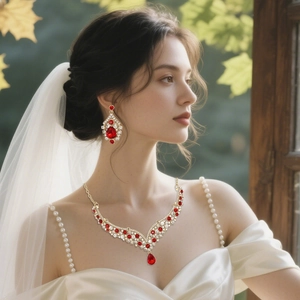 Detailed close-up of luxury red gemstone necklace and matching earrings on a bride