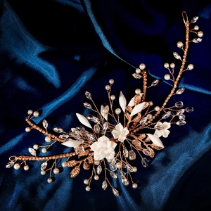 Handmade gold bridal hair vine with white flowers, pearls and crystals on blue silk
