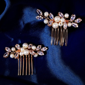 2Pcs Vintage Gold Alloy Flower Hair Combs For Women Bridal Wedding Party Accessory With Artificial Pearl Zirconia Rhinestone