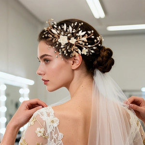 Handmade Bridal Hair Vine White Flower Artificial Pearl Rhinestone Wedding Headband Mori Style Gold Wire Hair Accessories For Women
