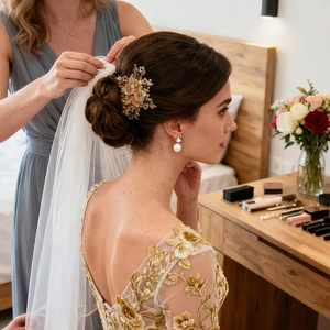 Detail of bridal gold flower crystal hair comb and teardrop pearl earrings set
