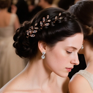 Elegant rose gold leaf hairpins set with marquise zircons and matching rhinestone earrings