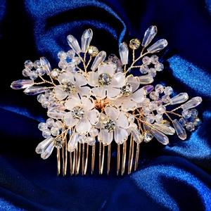 Handmade Bridal Flower Hair Comb Gold Wire Crystal Rhinestone White Acrylic Flowers Wedding Headpiece For Women Jewelry