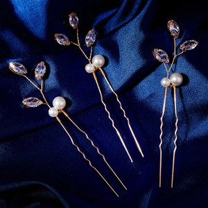Épingles à Cheveux Branche de Feuille en Alliage d'Or Zircon et Künstliche Perle d'Imitation Élégantes Pics à Cheveux en U Mariage Accessoires