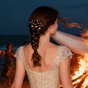 Détail de 3 épingles à cheveux avec perles et cristaux dans une tresse de mariée