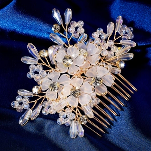 Handmade golden bridal hair comb with frosted white flowers and sparkling crystals