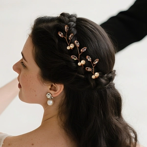 Détail des épingles à cheveux faites main avec branches dorées et perles en zircon