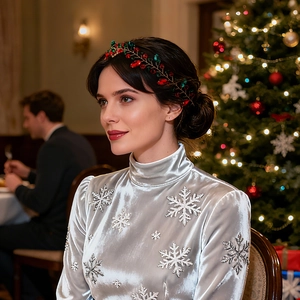 Détail du bandeau en strass rouge et vert assorti à une robe en velours flocon