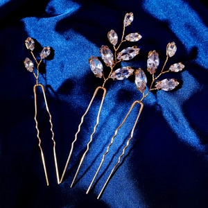 Three-piece gold U-shaped hair pins set with sparkling zircon leaf and marquise rhinestones