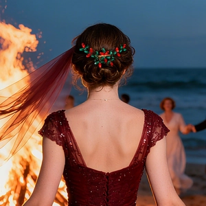 Pettine per capelli festivo con strass rossi e verdi indossato per una festa in spiaggia