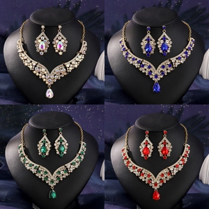 Luxury Waterdrop Rhinestone Necklace Earrings Jewelry For Women Wedding Bridal Prom Banquet Party Zinc Alloy Accessory