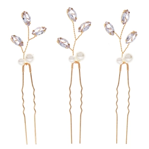 Ensemble de trois épingles à cheveux dorées avec cristaux élégants et perles blanches
