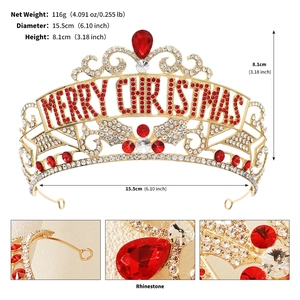 Detail view of gold Christmas crown showing 15.5cm diameter and red Merry Christmas text