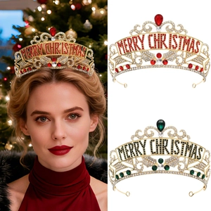 Alloy Rhinestone Merry Christmas Crown Tiara Red Green Crystal Headwear For Festival Party Celebration Women Kids Jewelry