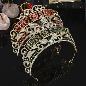 Golden Christmas crown headpiece with Merry Christmas text in red and green rhinestones