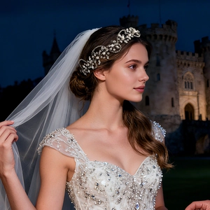 Serre-tête de mariée élégant avec fleurs en cristal argenté et perles de mariage