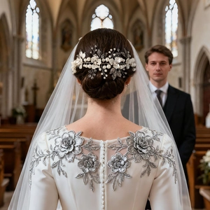 Détail du peigne à fleurs en acrylique avec perles sur la robe de mariée en satin blanc