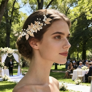 Detailed view of handmade gold bridal hair vine with white flowers and pearls on model