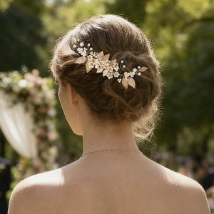 Detailed view of bridal hair pin with golden leaves and white pearls on model