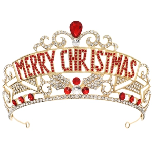 Golden Merry Christmas crown tiara with red and white rhinestones for holiday parties