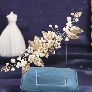 Handmade Gold Leaf White Flower Bridal Hair Clip Forest Style Imitation Artificial Pearl Rhinestone Wedding Hair Accessories For Women