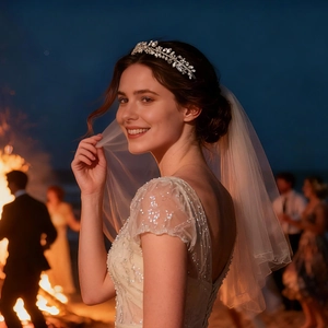 Detailed close-up of a silver floral bridal headband with crystals on a beach at night