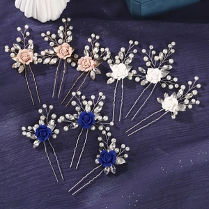 Three-piece polymer clay rose hair pins set with pearls and crystals for bridal styling