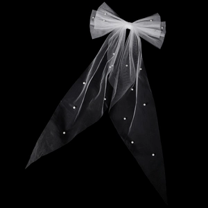 White tulle bow hair clip with faux pearls and long ribbons for wedding or party